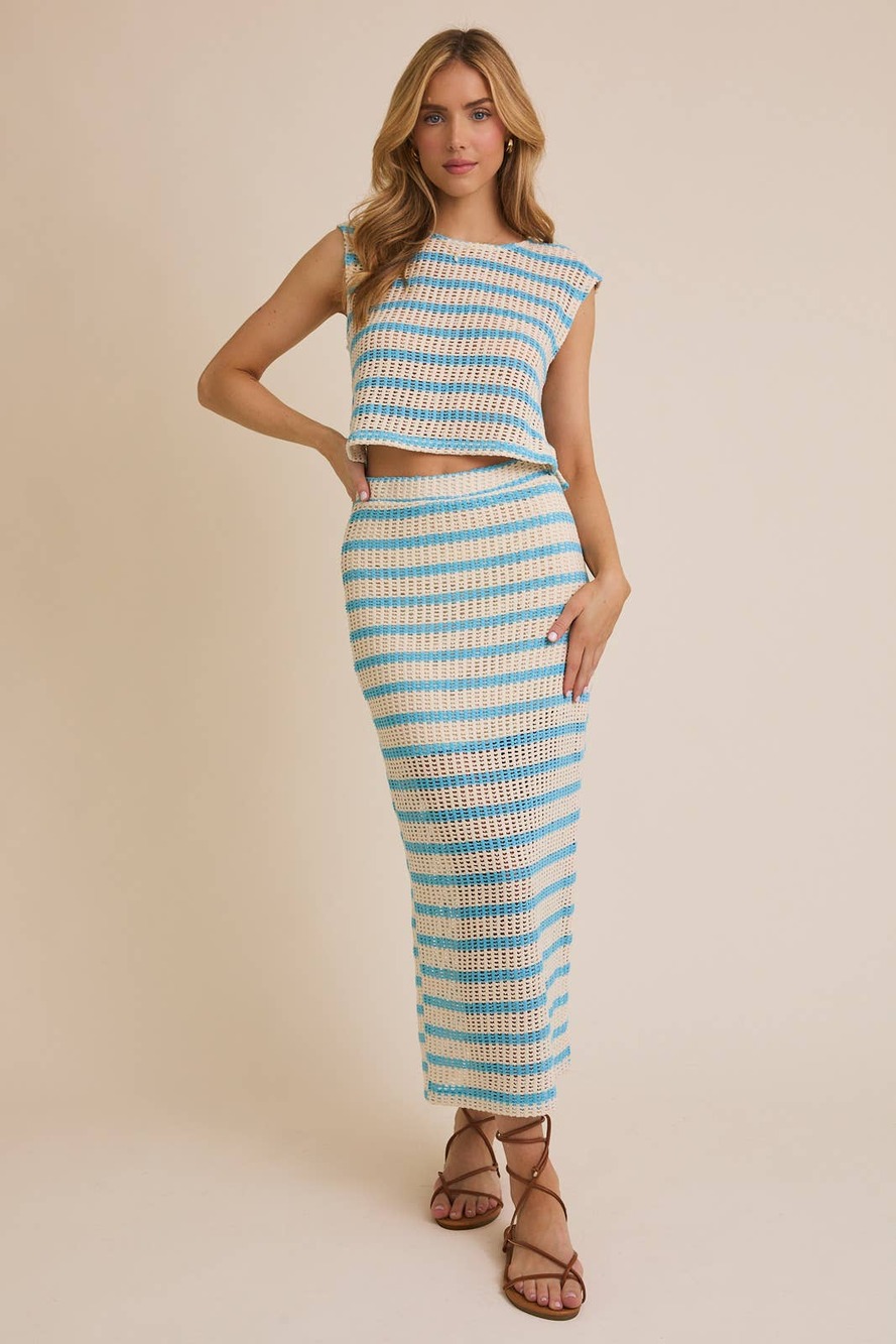 Gilli CAP SLEEVE STRIPE TOP AND WAIST ELASTIC STRIPE MIDI SKIRT
